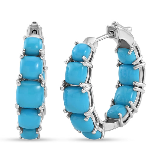 Premium Sleeping Beauty Turquoise Hoop Earrings in Rhodium Over Sterling Silver 8.40 ctw