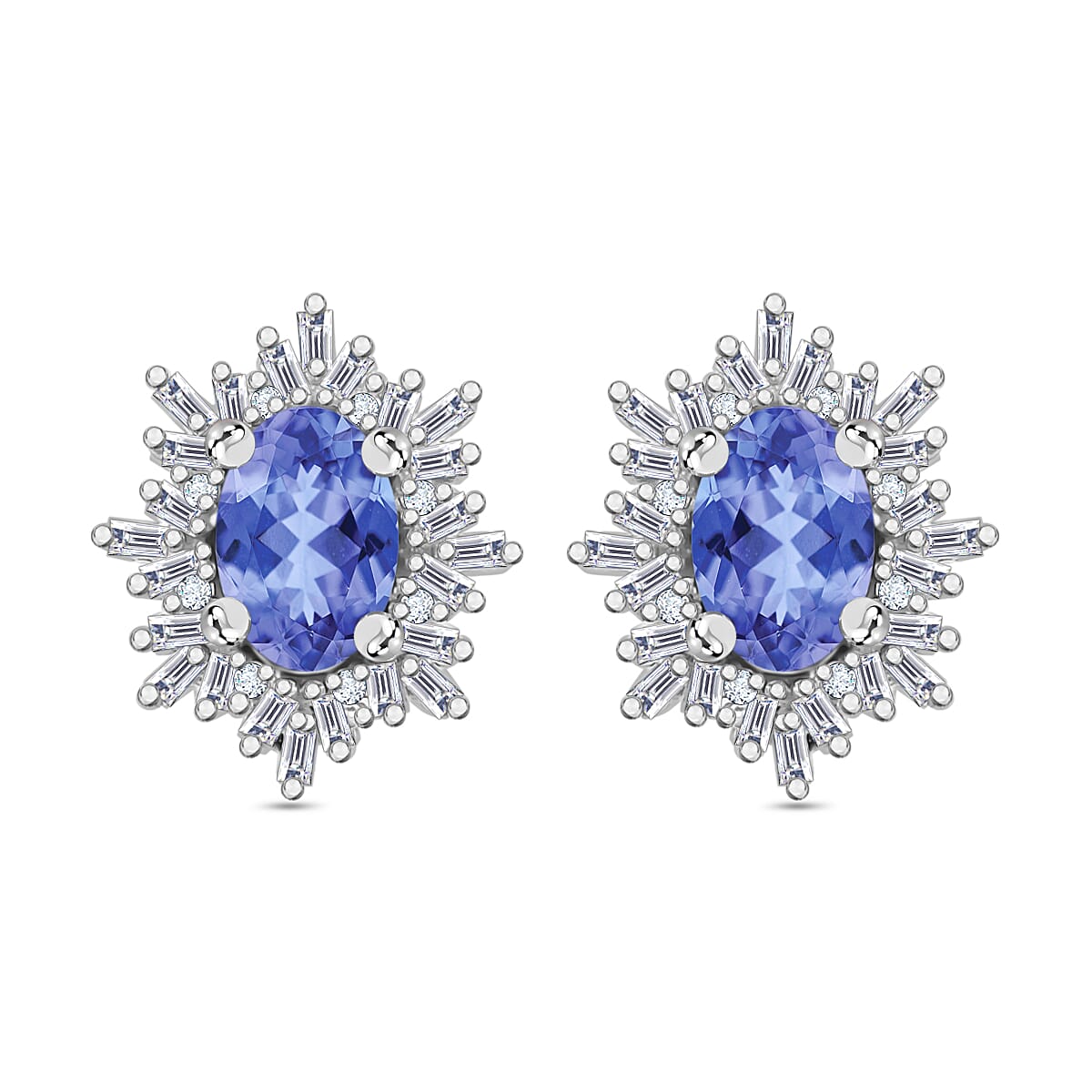 Tanzanite, Diamond (0.25 cts) Stud Earrings in Rhodium Over Sterling Silver 1.20 ctw