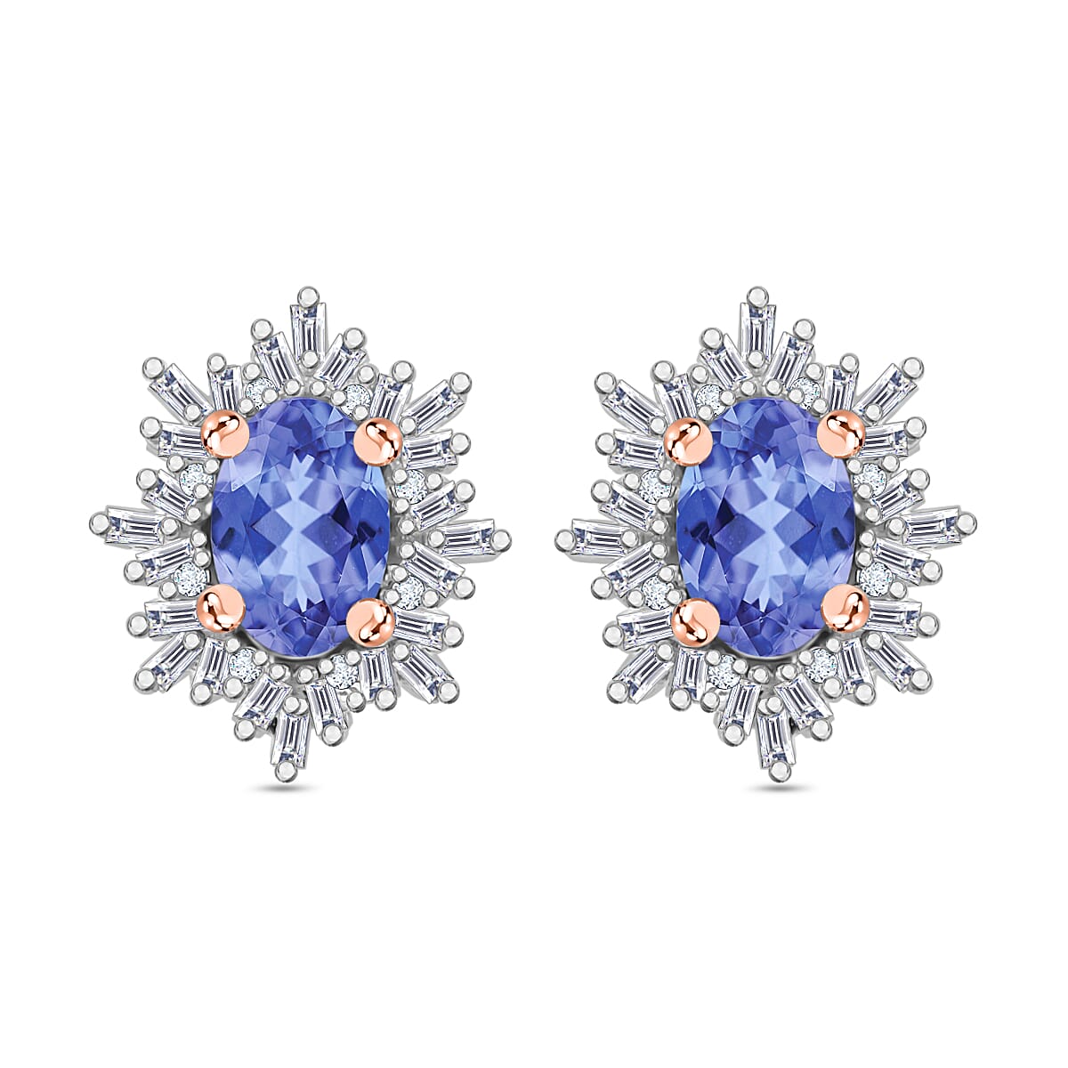 Tanzanite, Diamond (0.25 cts) Stud Earrings in Rhodium Over Sterling Silver 1.20 ctw