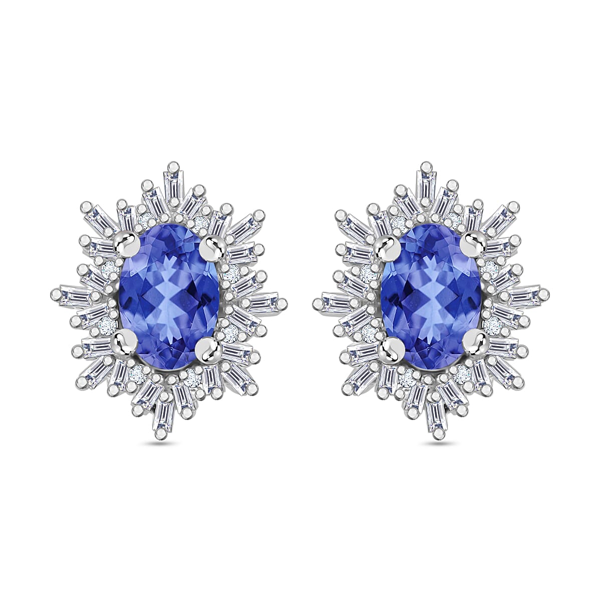 Tanzanite, Diamond (0.25 cts) Stud Earrings in Rhodium Over Sterling Silver 1.20 ctw