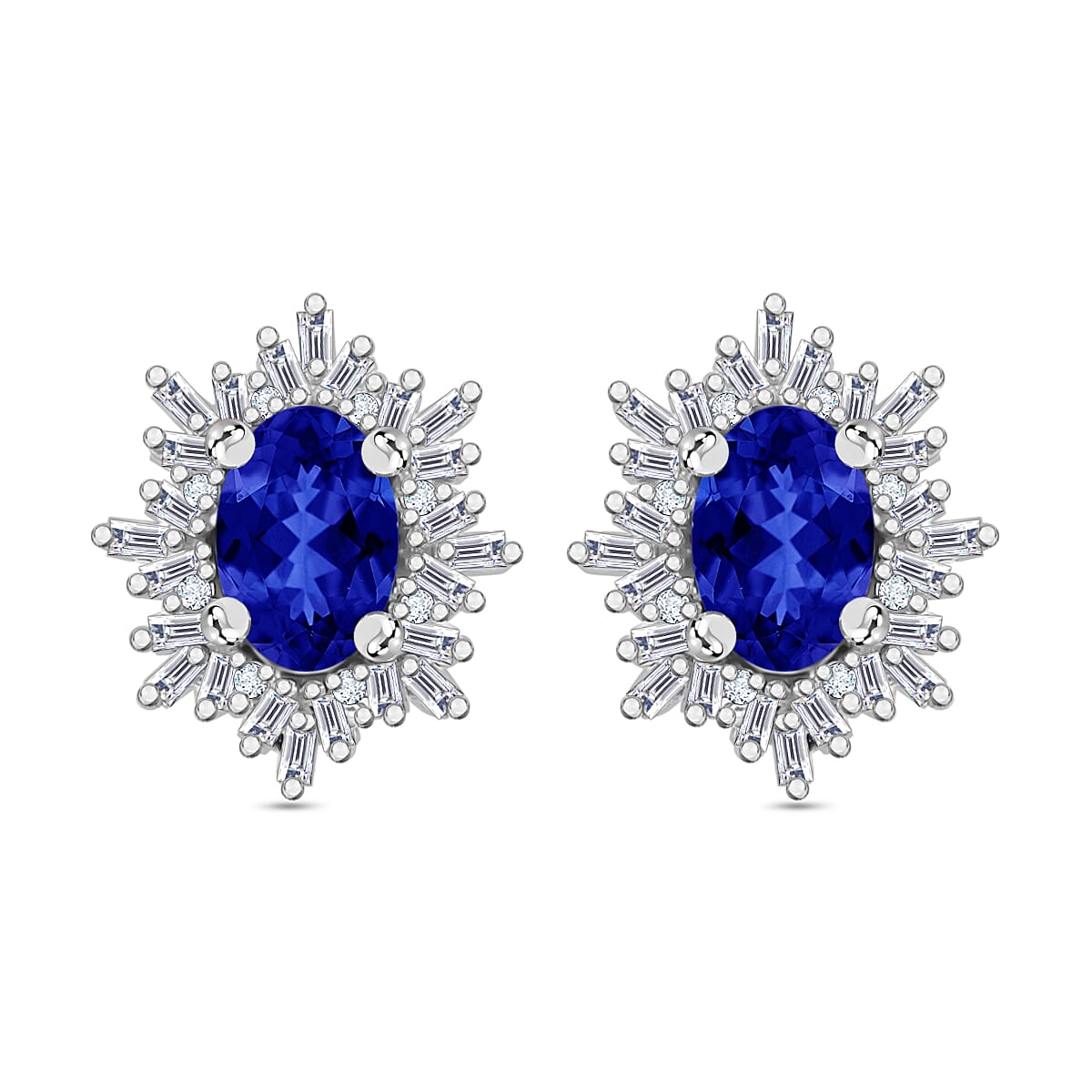 Tanzanite, Diamond (0.25 cts) Stud Earrings in Rhodium Over Sterling Silver 1.20 ctw