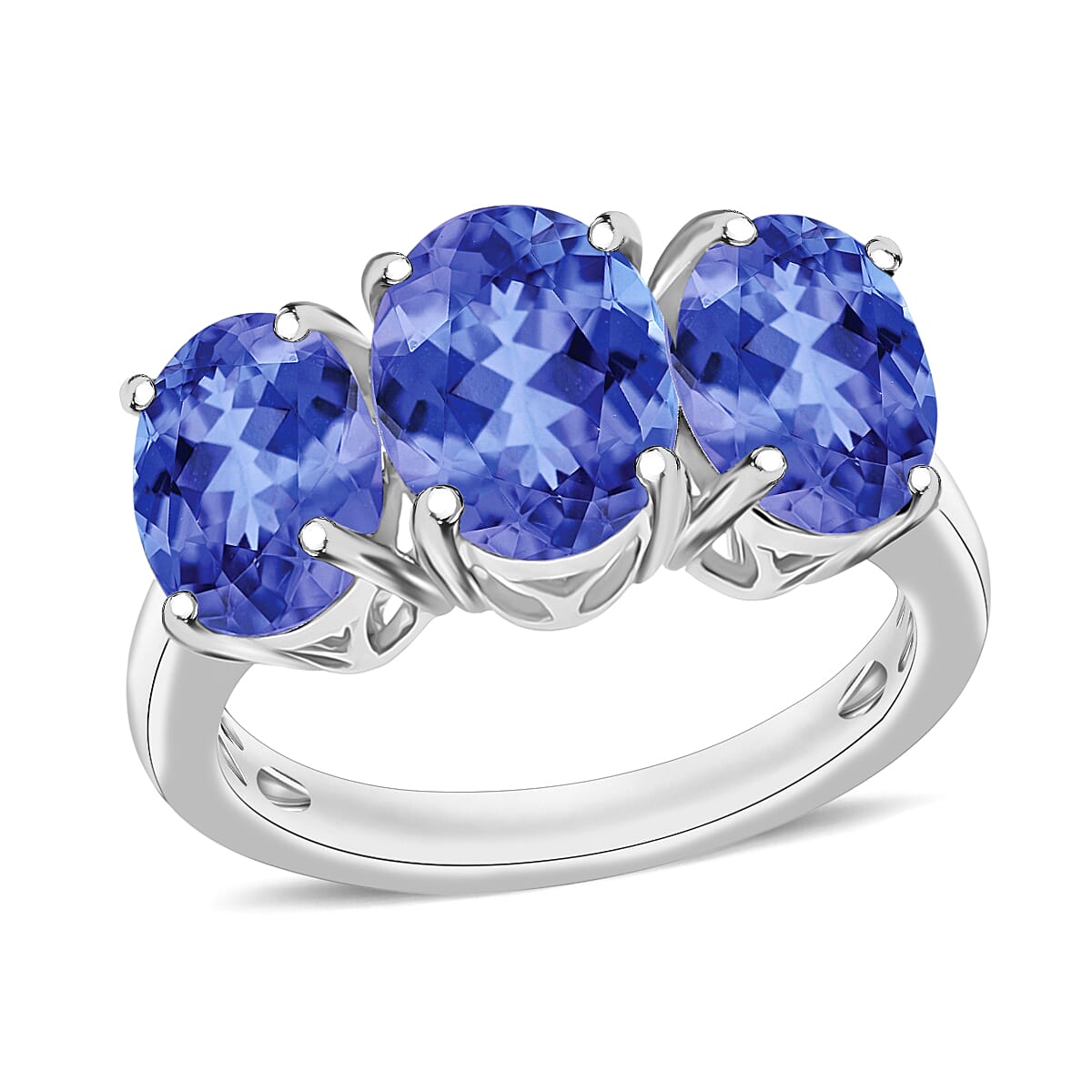 Tanzanite 3 Stone Ring in Rhodium Over Sterling Silver (Size 10.0) 4.50 ctw
