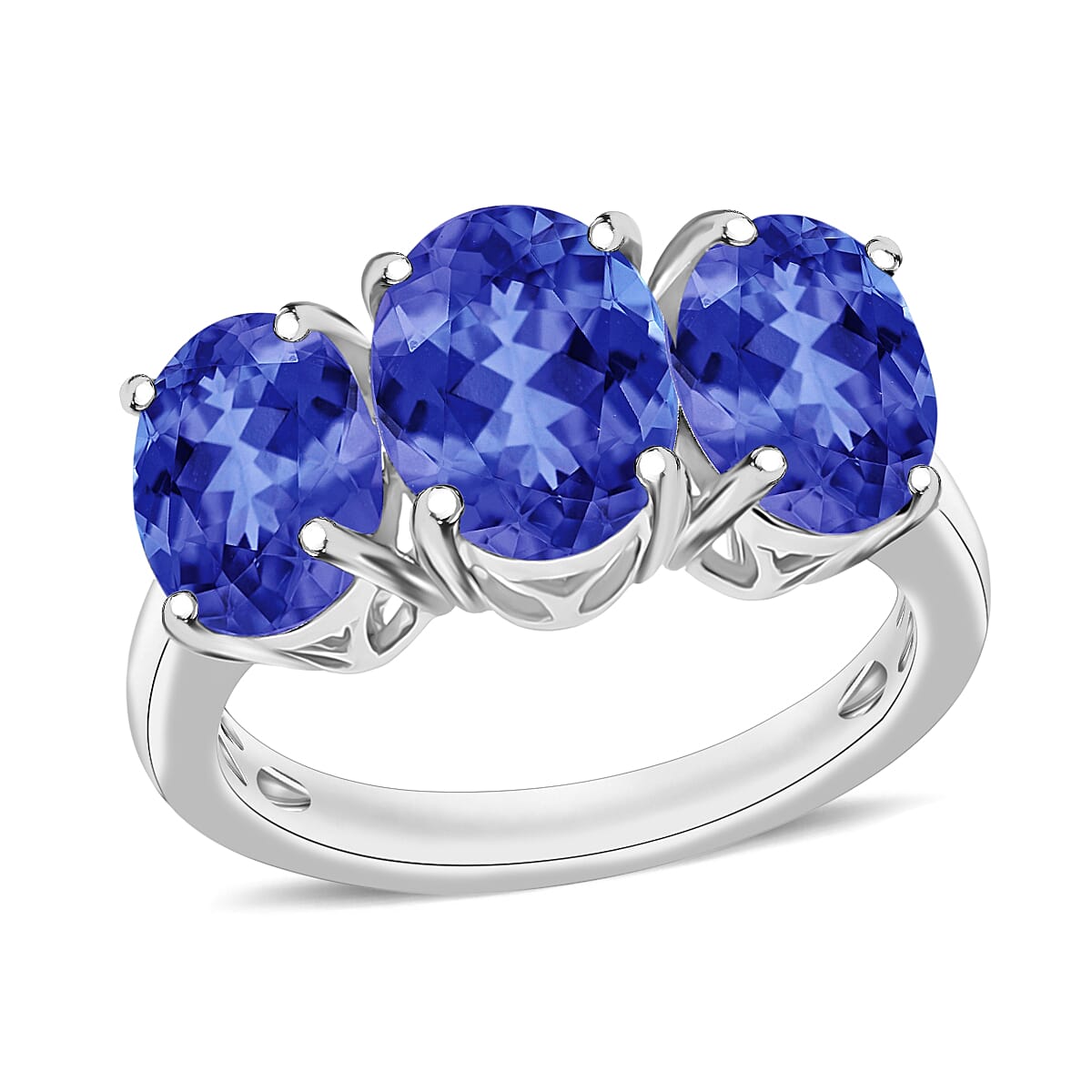 Tanzanite 3 Stone Ring in Rhodium Over Sterling Silver (Size 10.0) 4.50 ctw