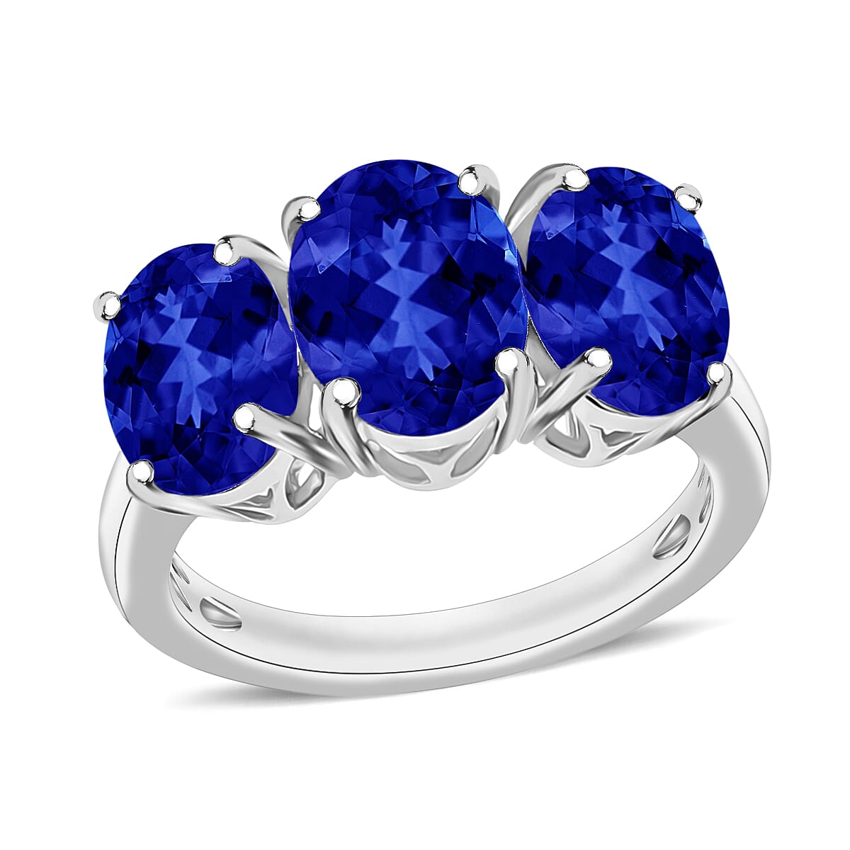 Tanzanite 3 Stone Ring in Rhodium Over Sterling Silver (Size 10.0) 4.50 ctw
