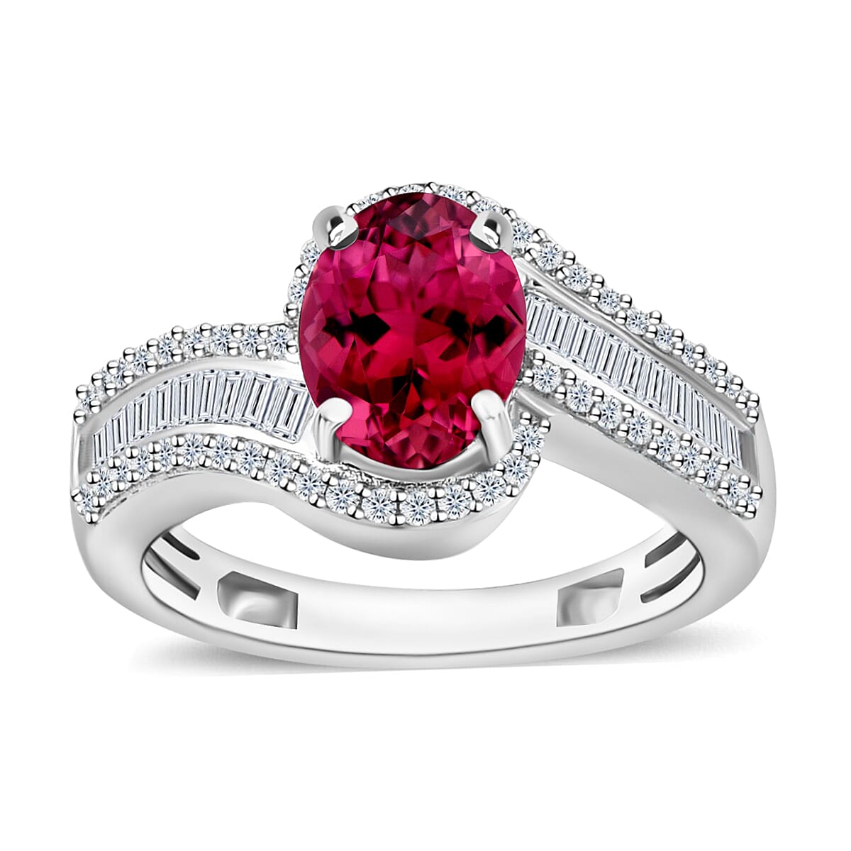 Luxoro Premium Ouro Fino Rubellite and G-H I1 Diamond Ring in 14K White Gold (Size 10.0) 4.20 Grams 1.65 ctw