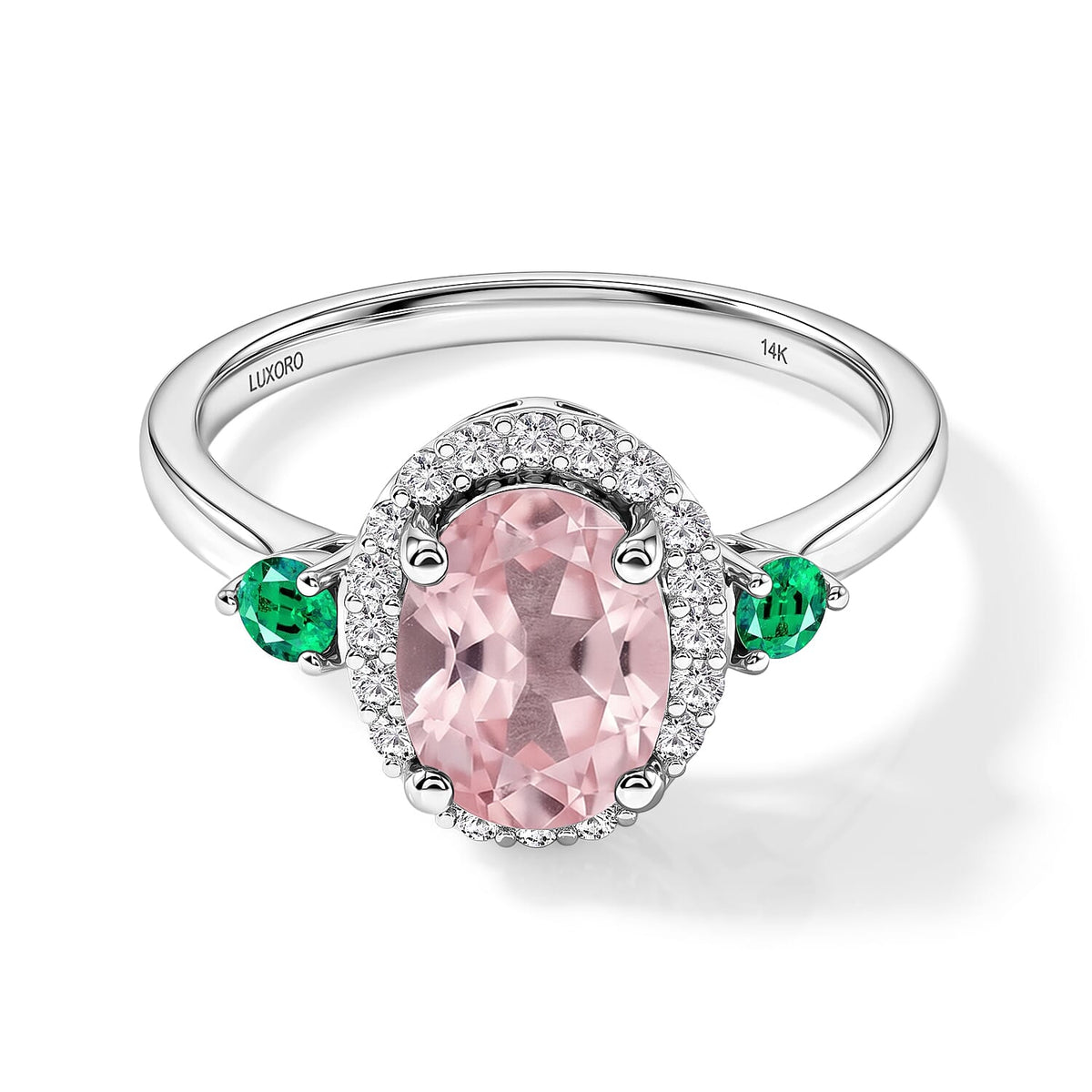 Luxoro Premium Pink Morganite, Boyaca Colombian Emerald and G-H I1 Diamond Ring in 14K White Gold (Size 10.0) 1.75 ctw