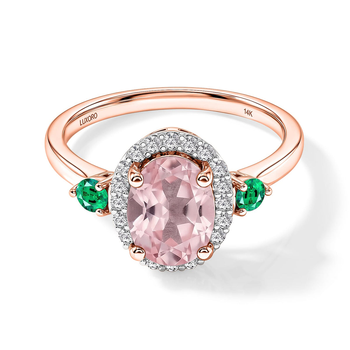 Luxoro Premium Pink Morganite, Boyaca Colombian Emerald and G-H I1 Diamond Ring in 14K White Gold (Size 10.0) 1.75 ctw