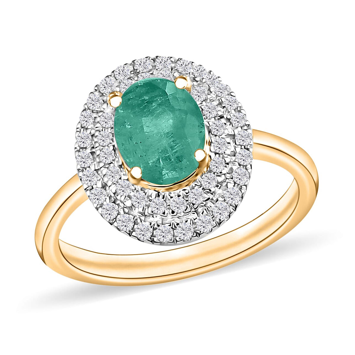Kagem Zambian Emerald and White Zircon Double Halo Ring in 18K Vermeil Rose Gold Over Sterling Silver (Size 10.0) 1.45 ctw