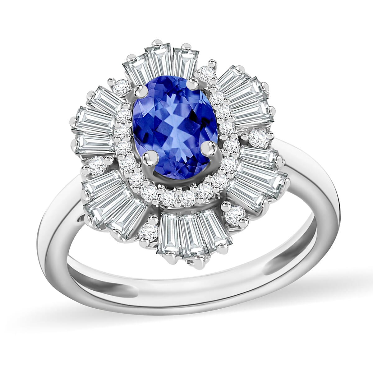 Tanzanite and White Zircon Ring in Rhodium Over Sterling Silver (Size 10.0) 2.85 ctw