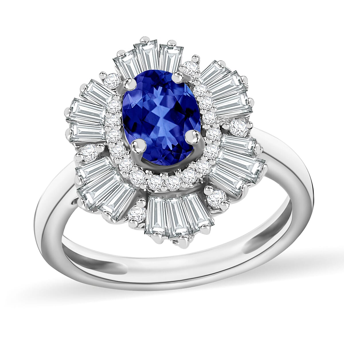 Tanzanite and White Zircon Ring in Rhodium Over Sterling Silver (Size 10.0) 2.85 ctw