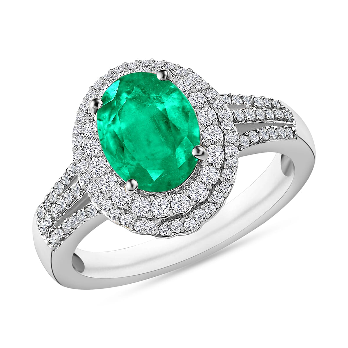 Luxoro Premium Kagem Zambian Emerald and G-H I1 Diamond Double Halo Ring in 14K White Gold (Size 10.0) 2.40 ctw
