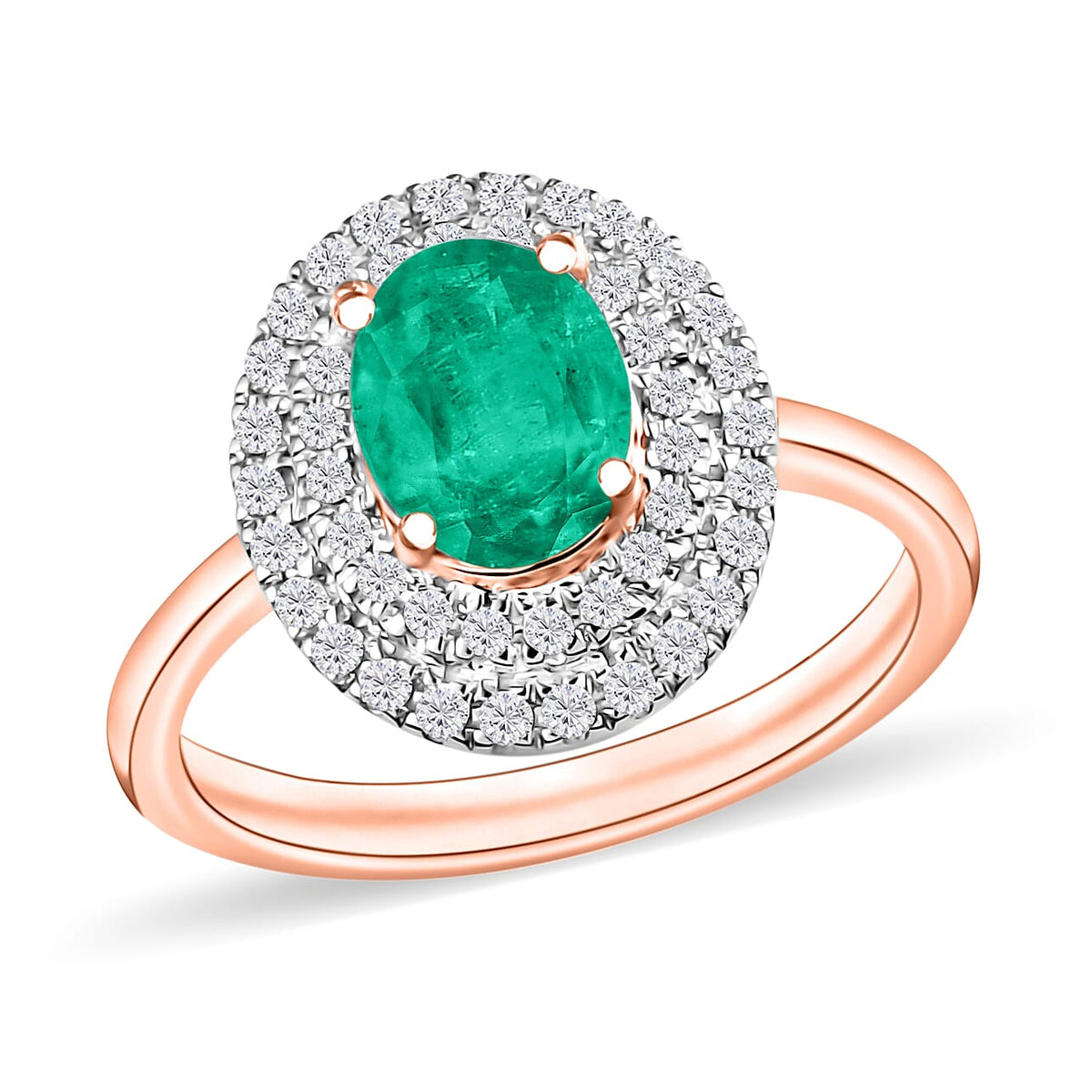 Kagem Zambian Emerald and White Zircon Double Halo Ring in 18K Vermeil Rose Gold Over Sterling Silver (Size 10.0) 1.45 ctw