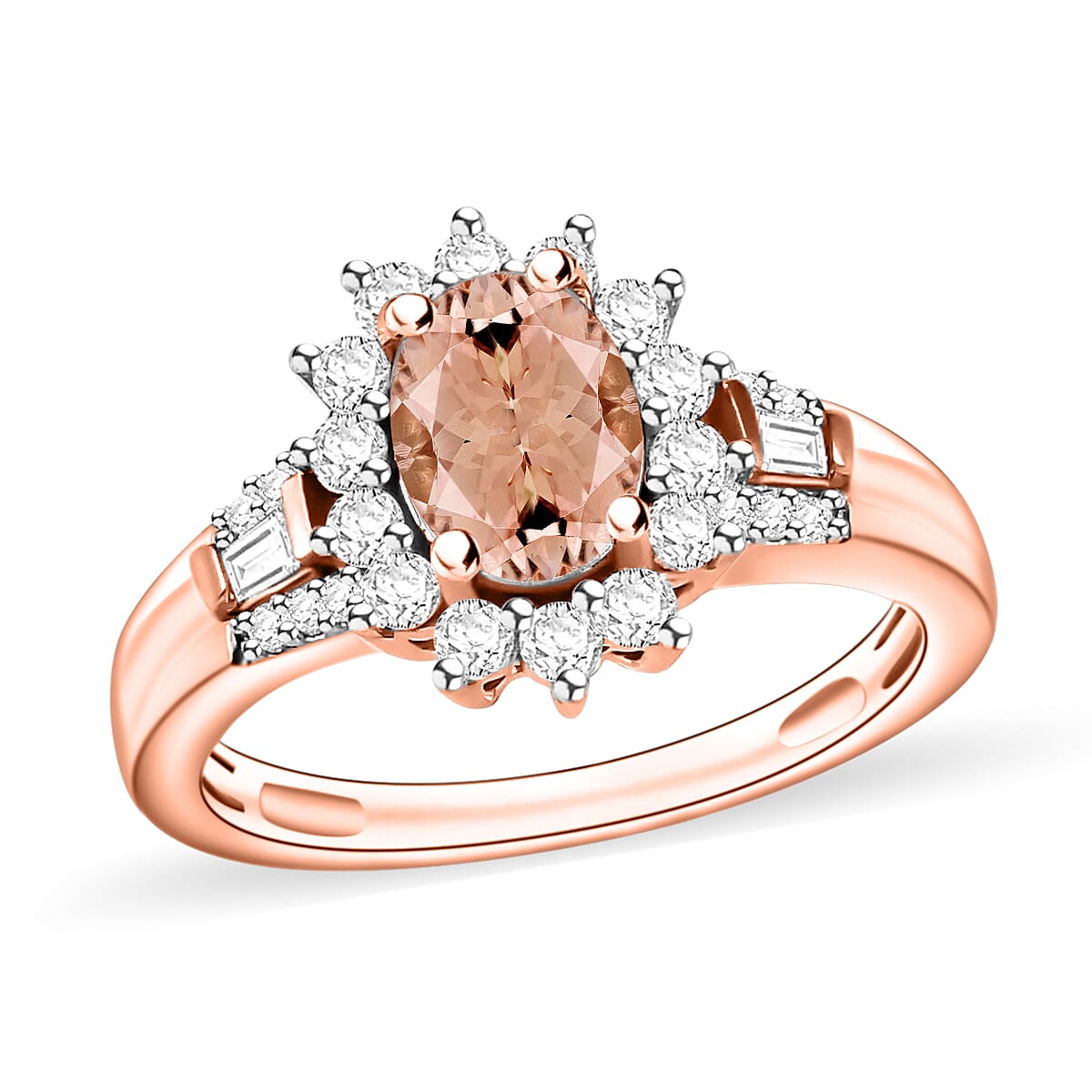 Pink Morganite and Moissanite Ring in 18K Vermeil Rose Over Sterling Silver (Size 10.0) 1.25 ctw