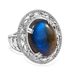 Labradorite Ring in Rhodium Over Sterling Silver (Size 6.5) 16.00 ctw