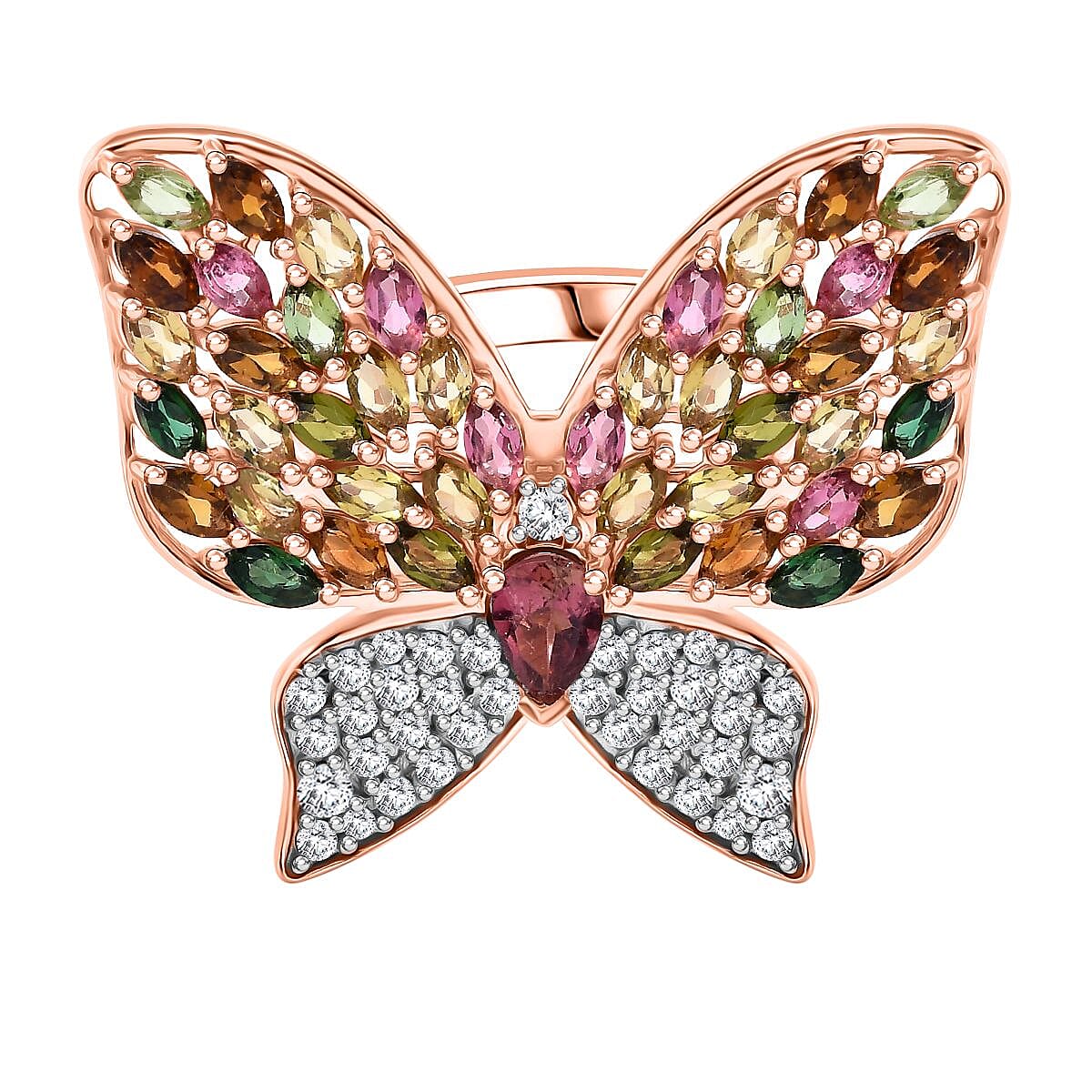 GP Multi Tourmaline and White Zircon Ring in 18K Vermeil RG Over Sterling Silver (Size 9) 5.22 ctw