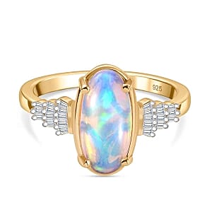 Ethiopian Welo Opal and White Diamond Ring in 18K Vermeil YG Over Sterling Silver (Size 6.5) 2.61 ctw