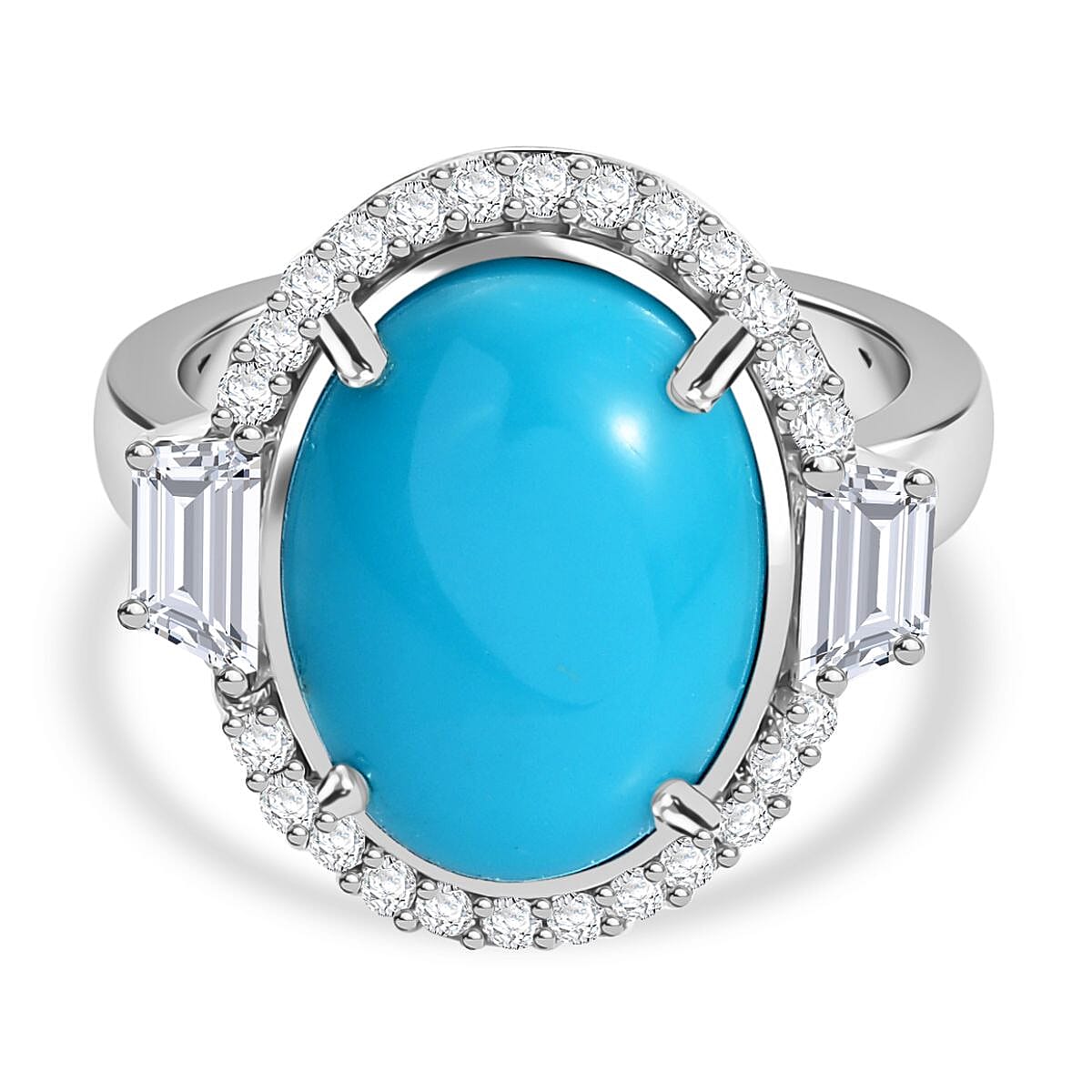 Sleeping Beauty Turquoise and White Zircon Ring in Rhodium Over Sterling Silver (Size 10.0) 8.98 ctw