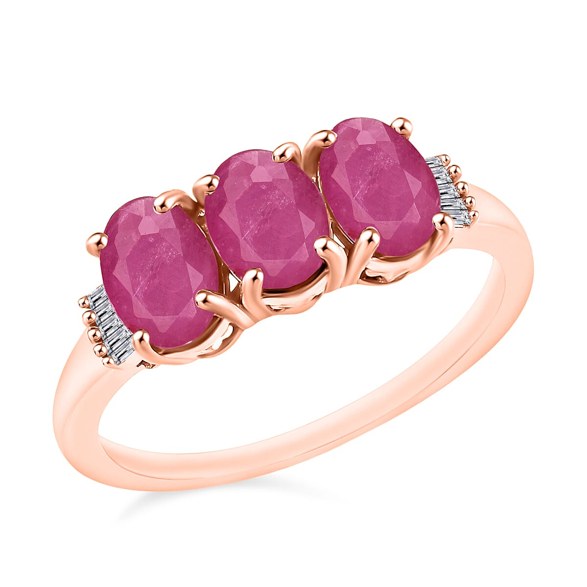 Mozambique Ruby and Diamond 3.07 ctw 3 Stone Ring in Platinum Over Sterling Silver (Size  4.0)