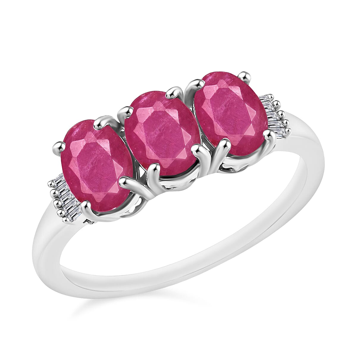 Mozambique Ruby and Diamond 3.07 ctw 3 Stone Ring in Platinum Over Sterling Silver (Size  4.0)
