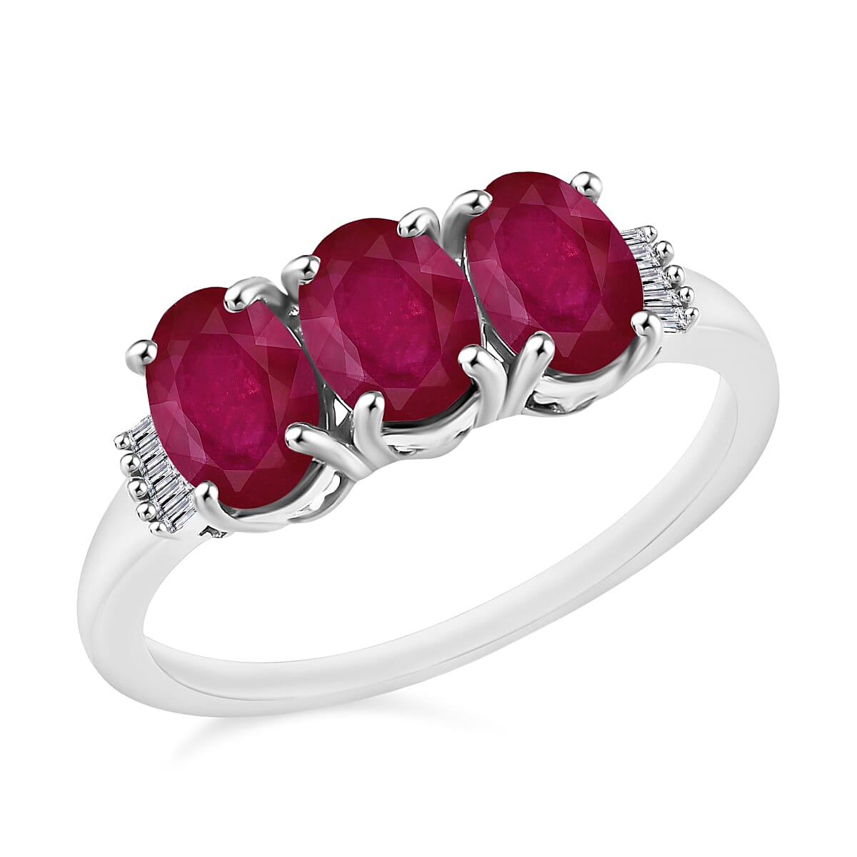 Mozambique Ruby and Diamond 3.07 ctw 3 Stone Ring in Platinum Over Sterling Silver (Size  4.0)