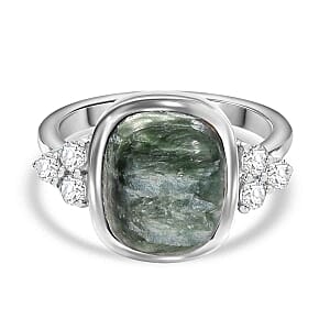 Siberian Seraphinite and White Zircon Ring in Rhodium Over Sterling Silver (Size 10.0) 5.27 ctw
