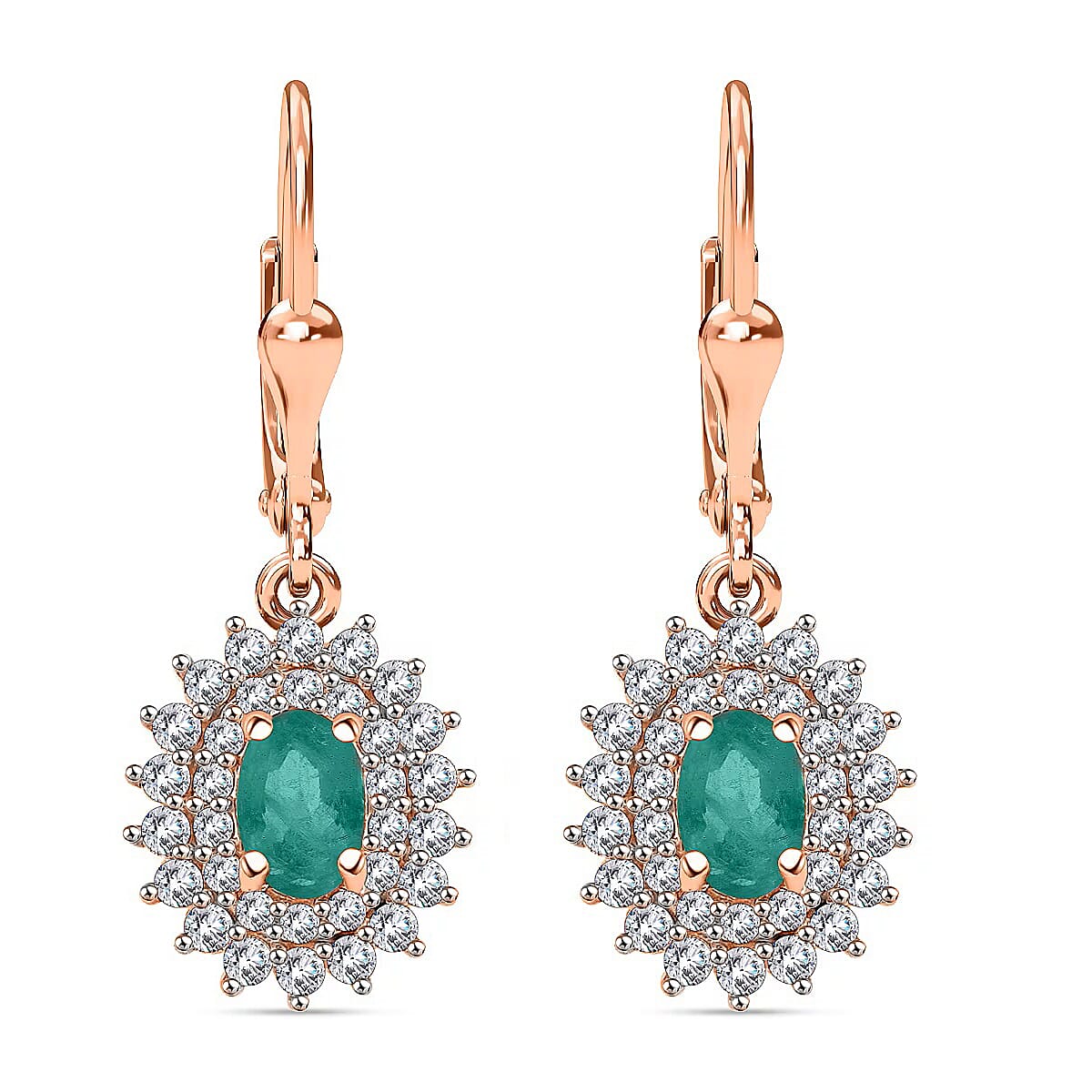Kagem Zambian Emerald and Diamond 1.67 ctw Sunburst Earrings in 18K Vermeil Rose Gold Over Sterling Silver
