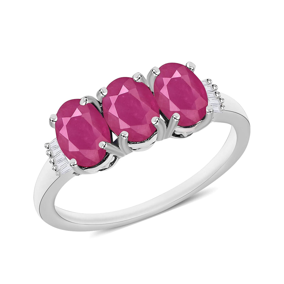 Mozambique Ruby and Diamond 3.07 ctw 3 Stone Ring in Platinum Over Sterling Silver (Size  4.0)