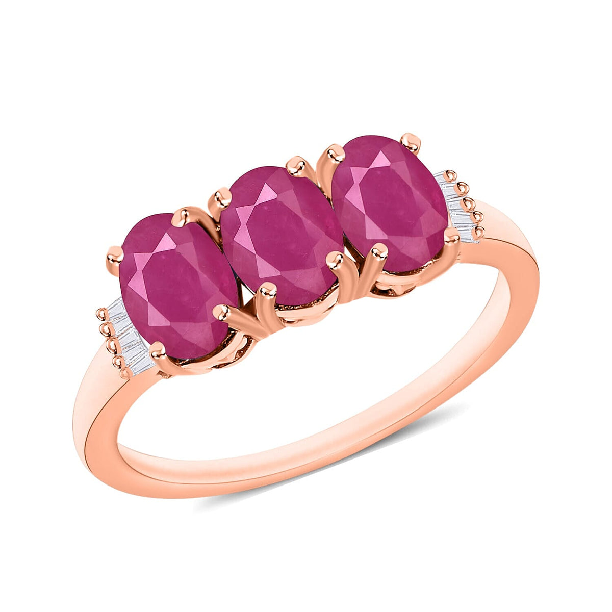 Mozambique Ruby and Diamond 3.07 ctw 3 Stone Ring in Platinum Over Sterling Silver (Size  4.0)