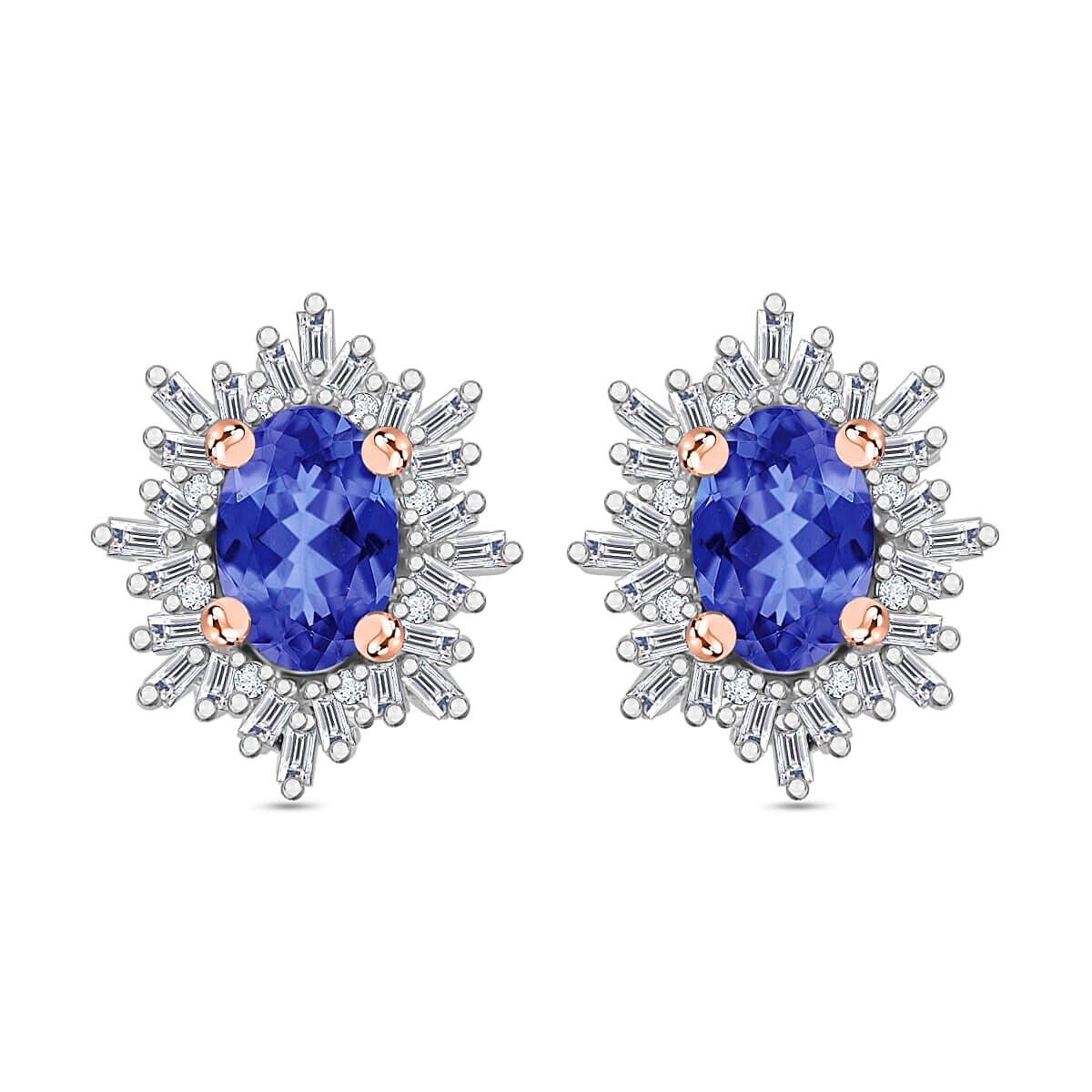 Tanzanite, Diamond (0.25 cts) Stud Earrings in Rhodium Over Sterling Silver 1.20 ctw