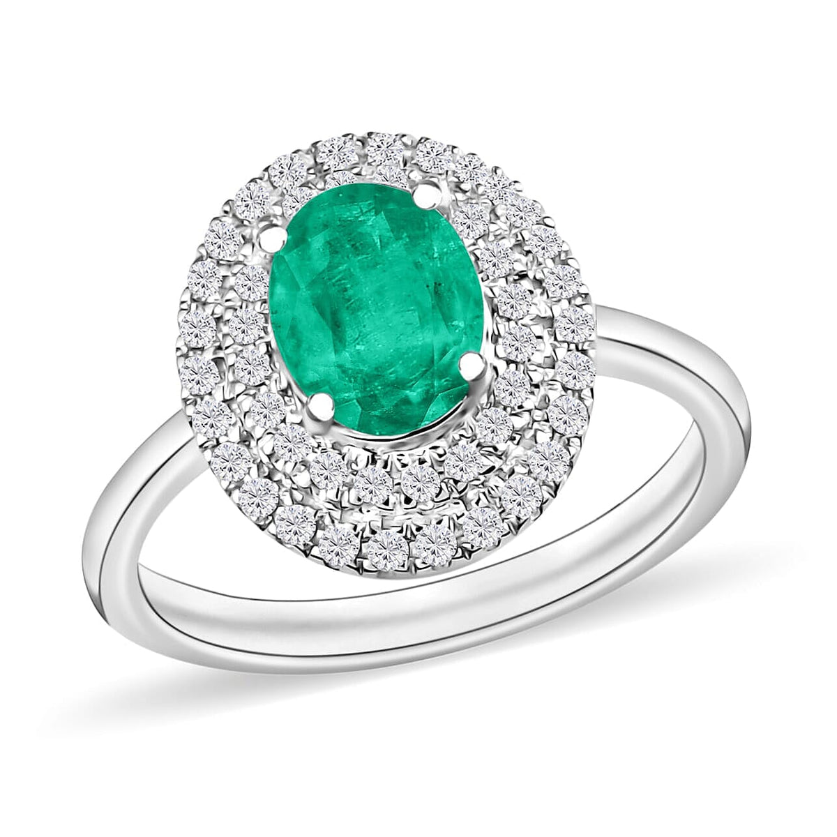 Kagem Zambian Emerald and White Zircon Double Halo Ring in 18K Vermeil Rose Gold Over Sterling Silver (Size 10.0) 1.45 ctw
