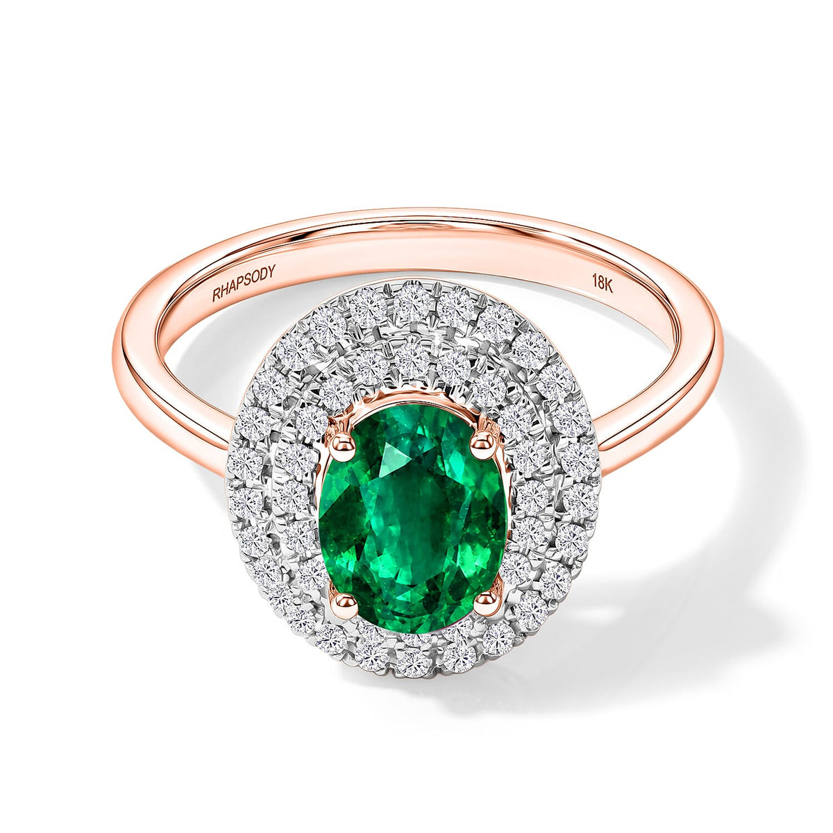 Kagem Zambian Emerald and White Zircon Double Halo Ring in 18K Vermeil Rose Gold Over Sterling Silver (Size 10.0) 1.45 ctw
