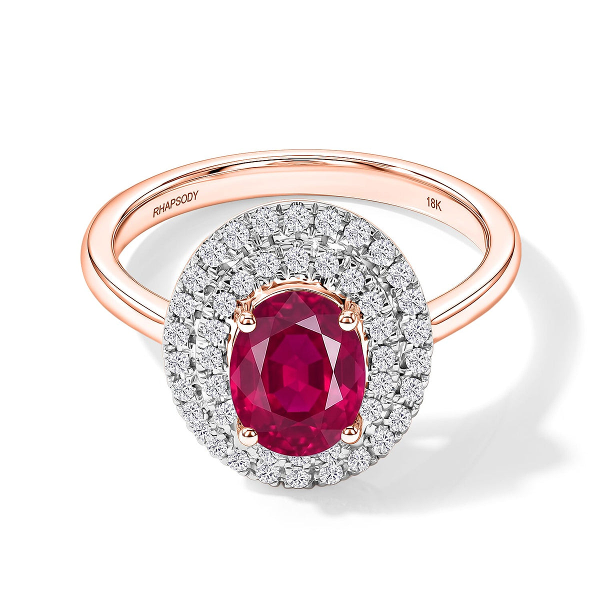 Mozambique Ruby and White Zircon Double Halo Ring in 18K Vermeil Rose Gold Sterling Silver (Size 10) 1.85 ctw