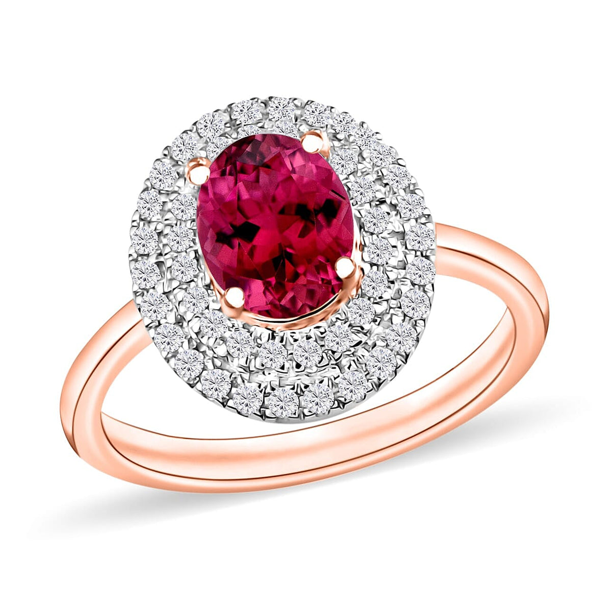 Ouro Fino Rubellite and White Zircon Double Hao Ring in 18K Vermeil Rose Gold Over Sterling Silver (Size 10) 1.55 ctw