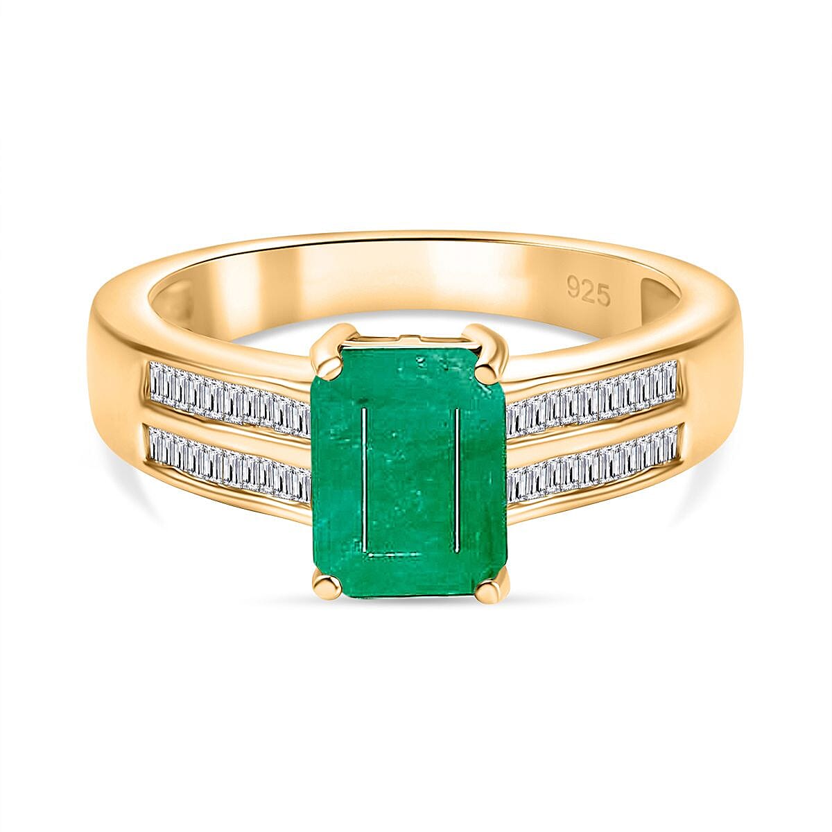 Socoto Emerald and White Diamond Ring in 18K Vermeil YG Over Sterling Silver (Size 9.0) 1.95 ctw