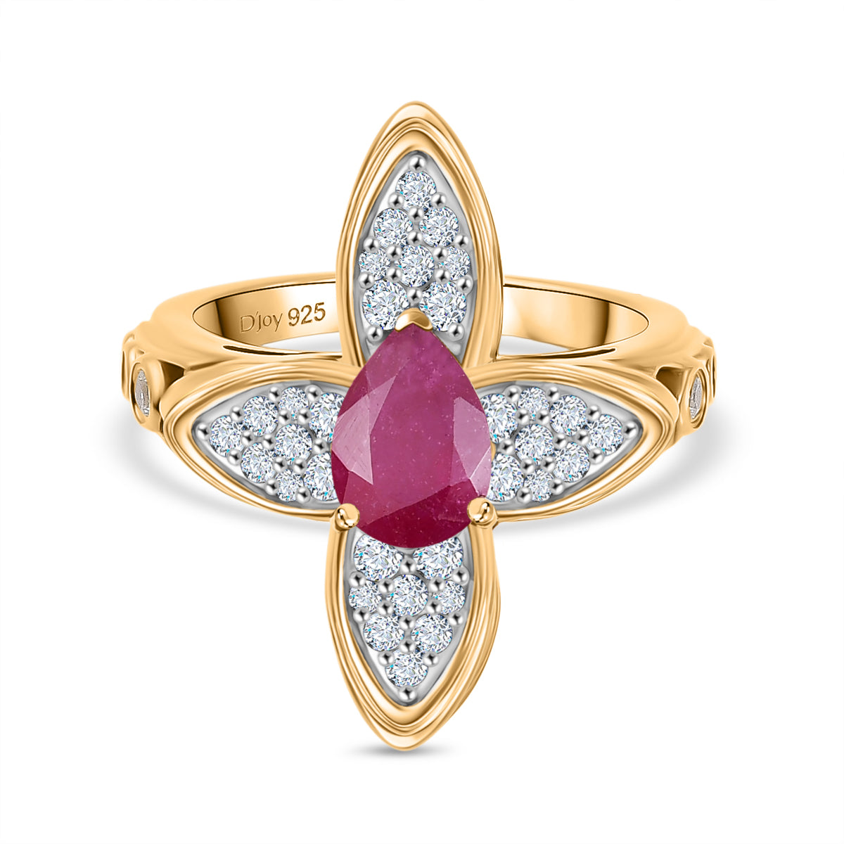 D'Joy African Ruby (FF) and White Zircon Ring in 18K Vermeil YG Over Sterling Silver (Size 9.0) 2.38 ctw
