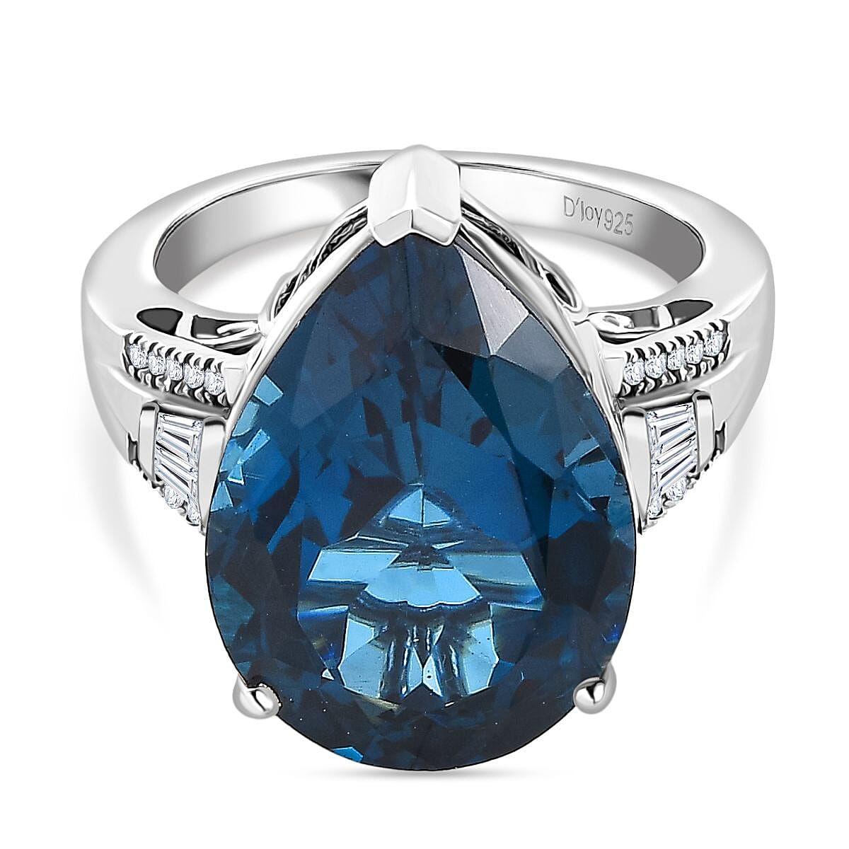 D''Joy London Blue Topaz and Moissanite Ring in Rhodium Over Sterling Silver (Size 11.5) 12.82 ctw