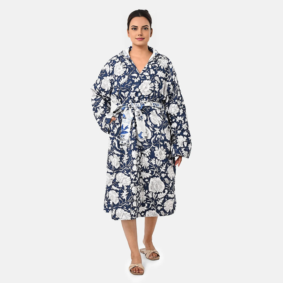 La Marey Green Floral Print Reversible Quilted Cotton Cambric Outerwear with Belt - One Size Fits Most
