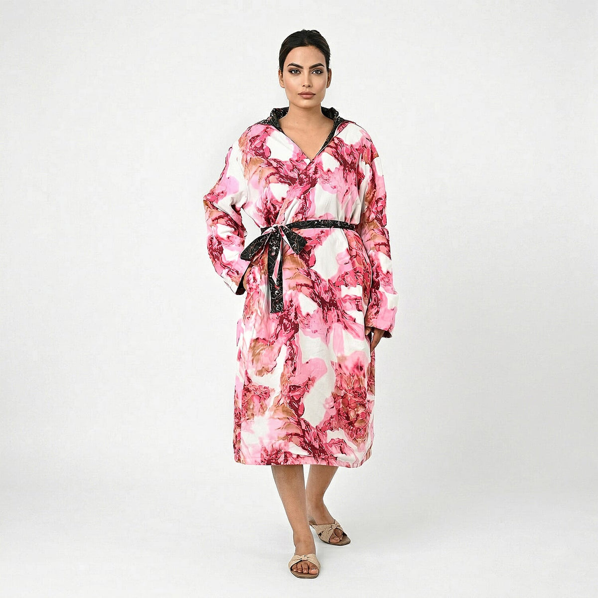La Marey Green Floral Print Reversible Quilted Cotton Cambric Outerwear with Belt - One Size Fits Most