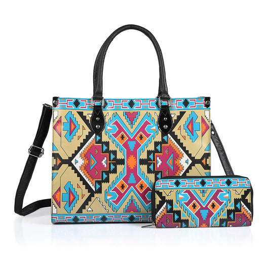 La Marey Dark Beige Artisan Handpainted Genuine Leather Tote with Wallet set Handbag