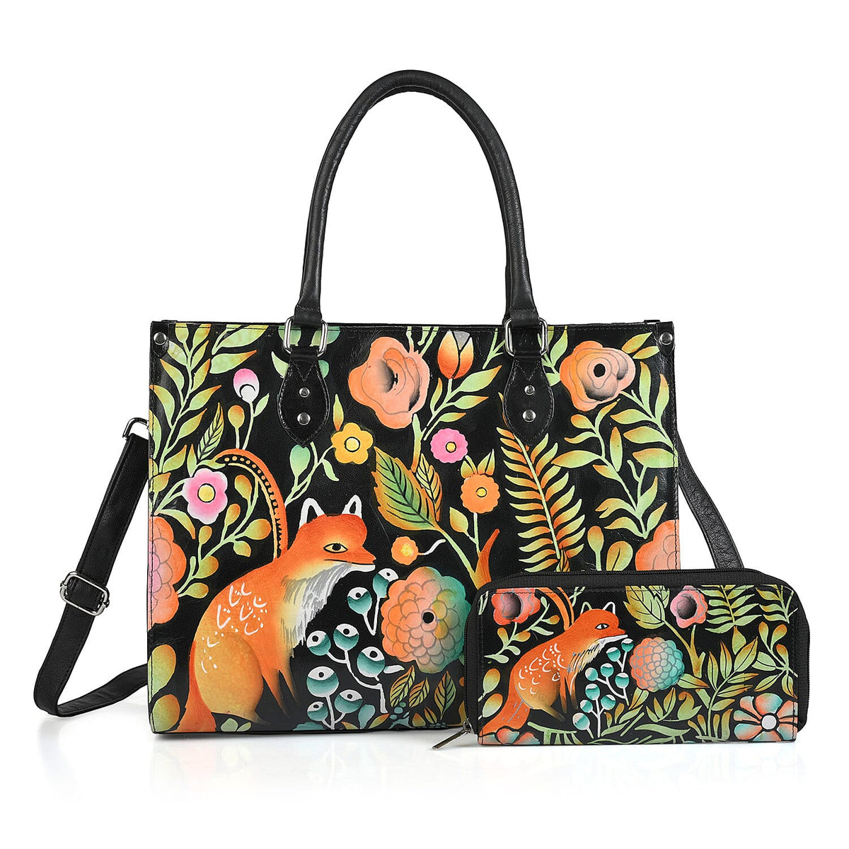 La Marey Dark Beige Artisan Handpainted Genuine Leather Tote with Wallet set Handbag