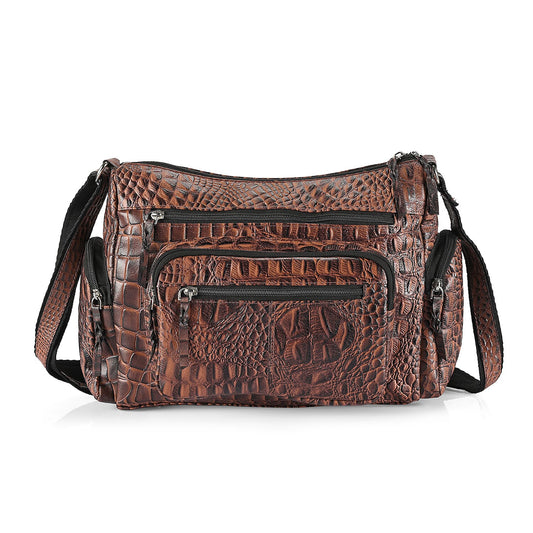 La Marey Brown Croco Print Genuine Leather Multi Pocket Sling Crossbody Bag with Front Pocket RFID (13"x10.5"x6")..