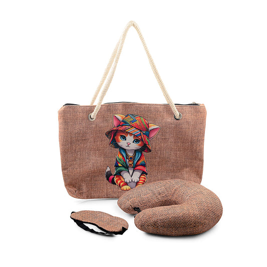 Brown Cat Digital Printed 3-Piece Travel Set with Tote Bag (17.72"x11.81"), Neck Pillow and Eye Mask