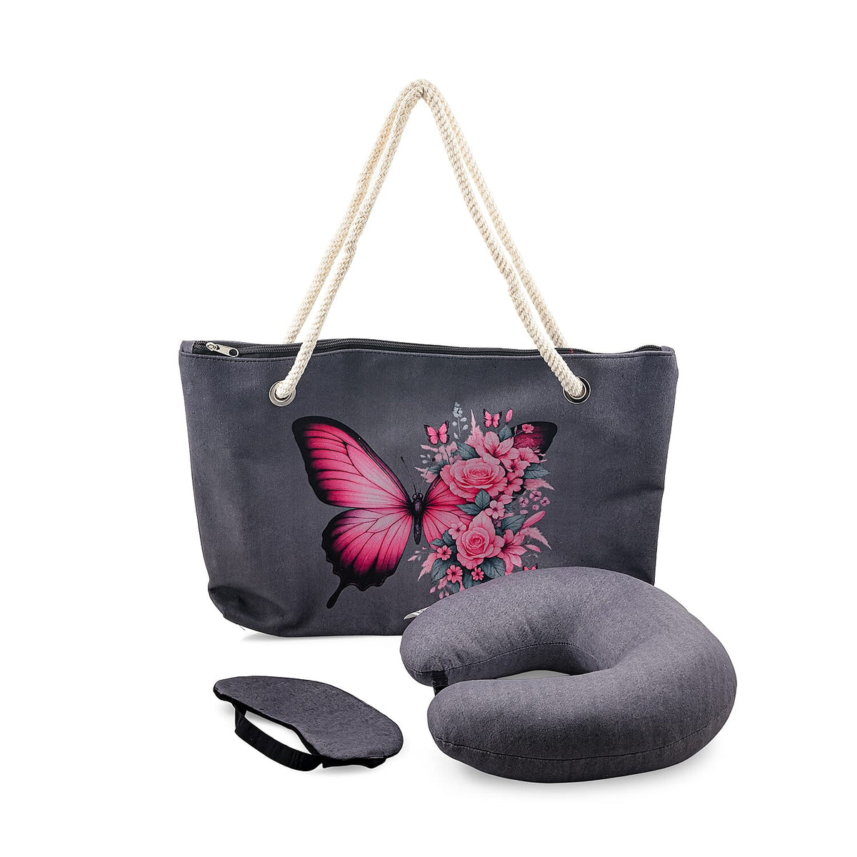 Brown Cat Digital Printed 3-Piece Travel Set with Tote Bag (17.72"x11.81"), Neck Pillow and Eye Mask