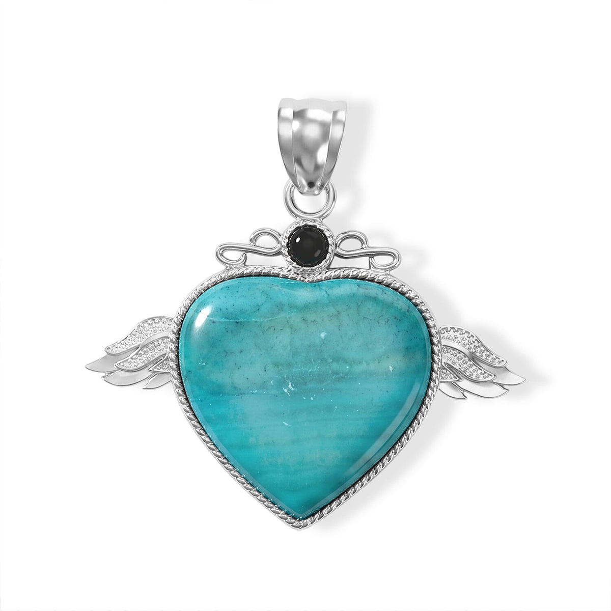 Center Stone Varies Chinese Blue Rhodochrosite 36.00 ctw Angel Wing Heart Pendant without Chain in Silvertone
