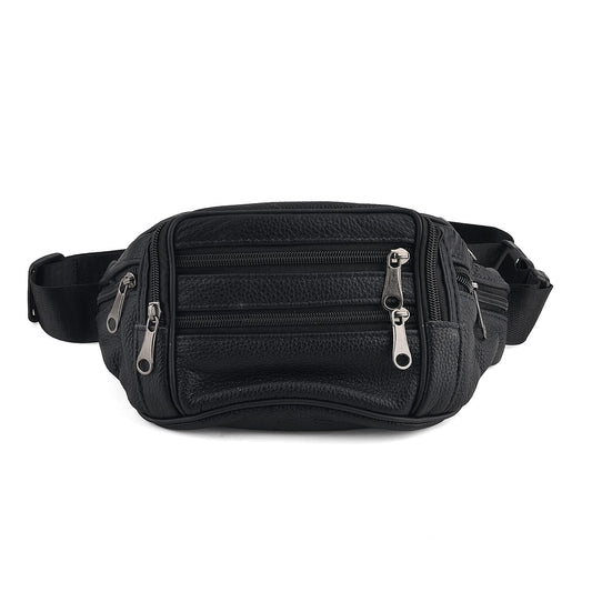 La Marey Black Lychee Pattern Genuine Cowhide Leather Fanny Pack