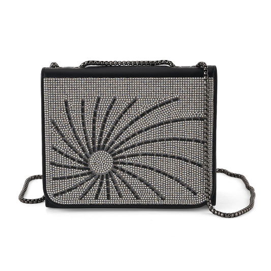 La Marey Black Rhinestone Sunflower Pattern Faux Leather Crossbody Bag (7.87"x5.91"x2.76")