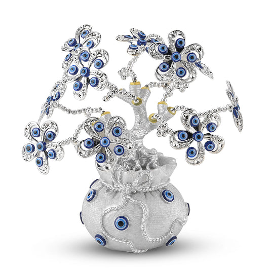 Silver & Blue Evil Eye Floral Tree Money Bag Resin Decorative Figurine (7.87")
