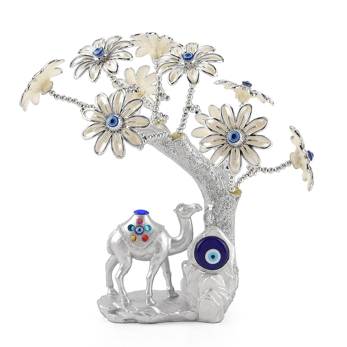 Silver & White Evil Eye Daisy Floral Tree Camel Resin Decorative Figurine (7.87")