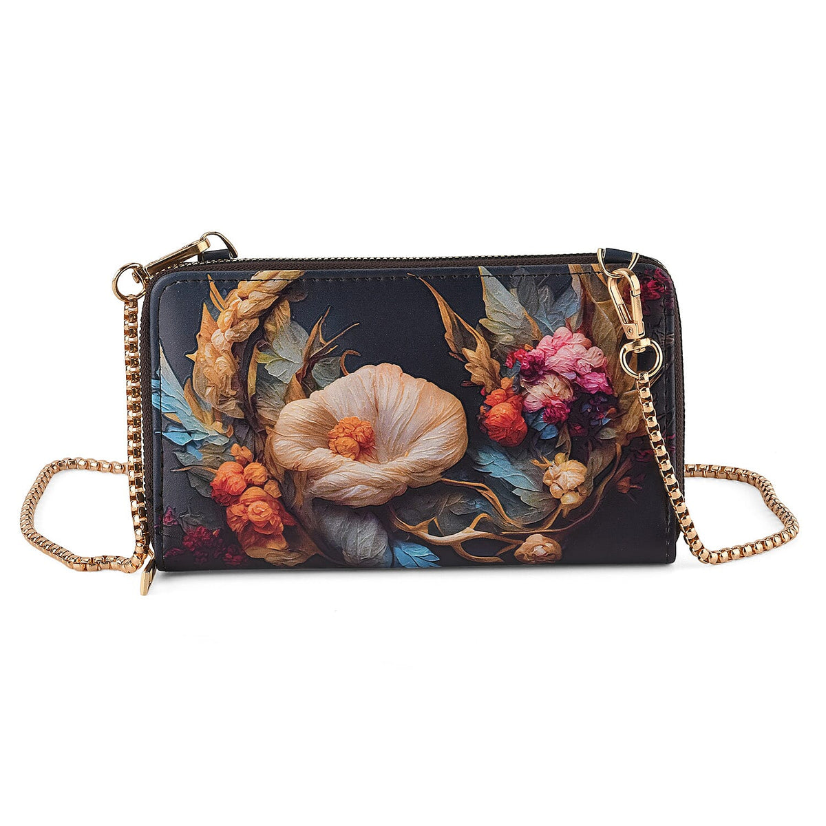 Passage Multi Color Flower Print Crossbody Wallet with Chain Strap with RFID Wall