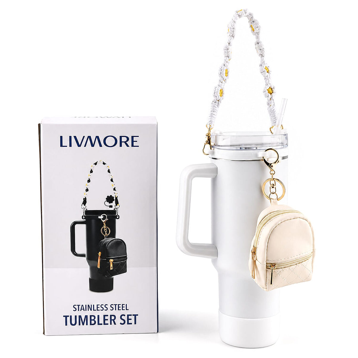 Livmore Black Stainless Steel Tumbler with Straw and Small Bag (10.83"x2.99")